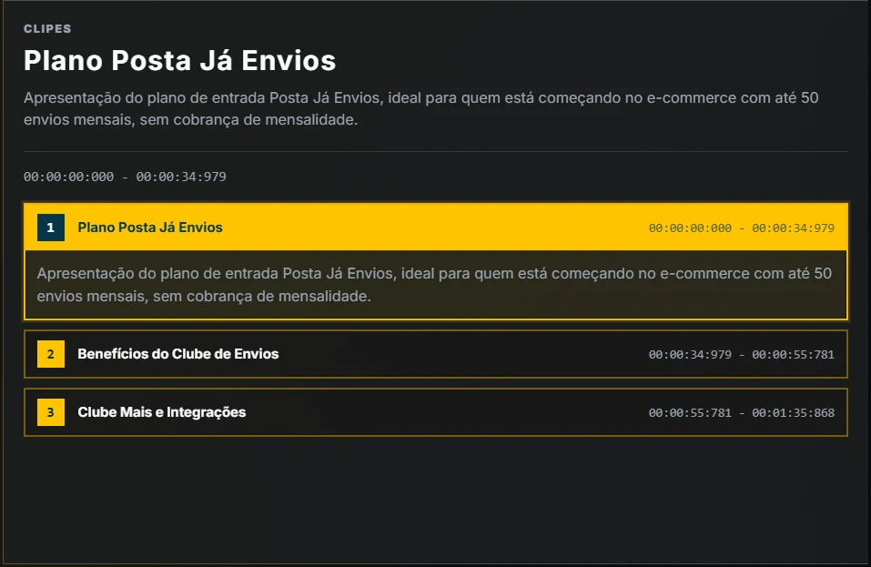 Detalhe ampliado com os dois clipes gerados, títulos, descrições e durações