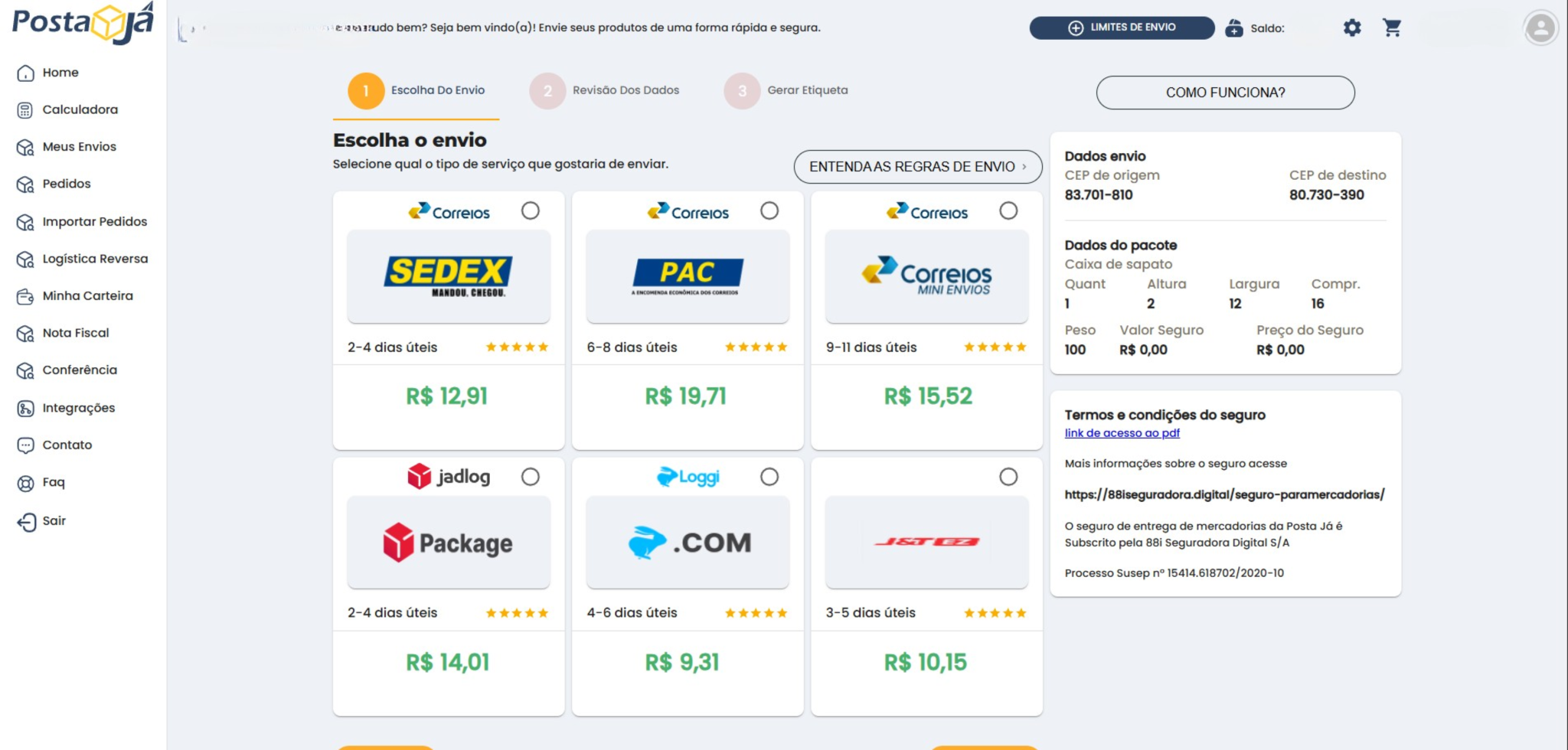 Tela inicial da plataforma Posta Já com recursos para cálculo de frete e gestão de envios